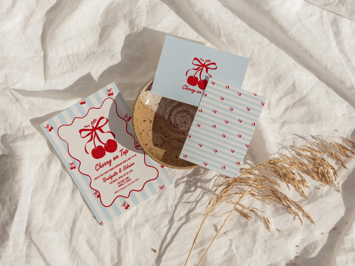 Cherry On Top Baby Shower Invitation Template Baby Sprinkle Blue Cherry On Top Hand Drawn Coquette Ribbon Editable Cherry on Top Theme