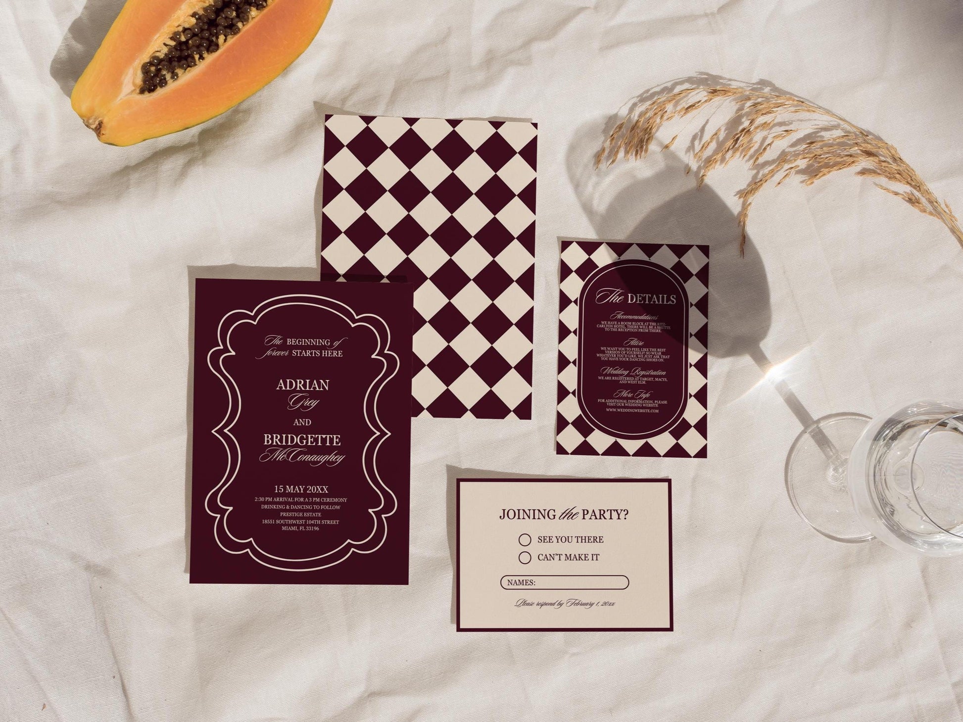 Modern Wedding Invitation Digital Template Editable Save the Date Burgundy Mediterranean Design Modern Couples Maroon Vintage Wedding Invite