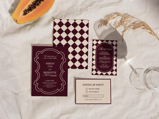 Modern Wedding Invitation Digital Template Editable Save the Date Burgundy Mediterranean Design Modern Couples Maroon Vintage Wedding Invite