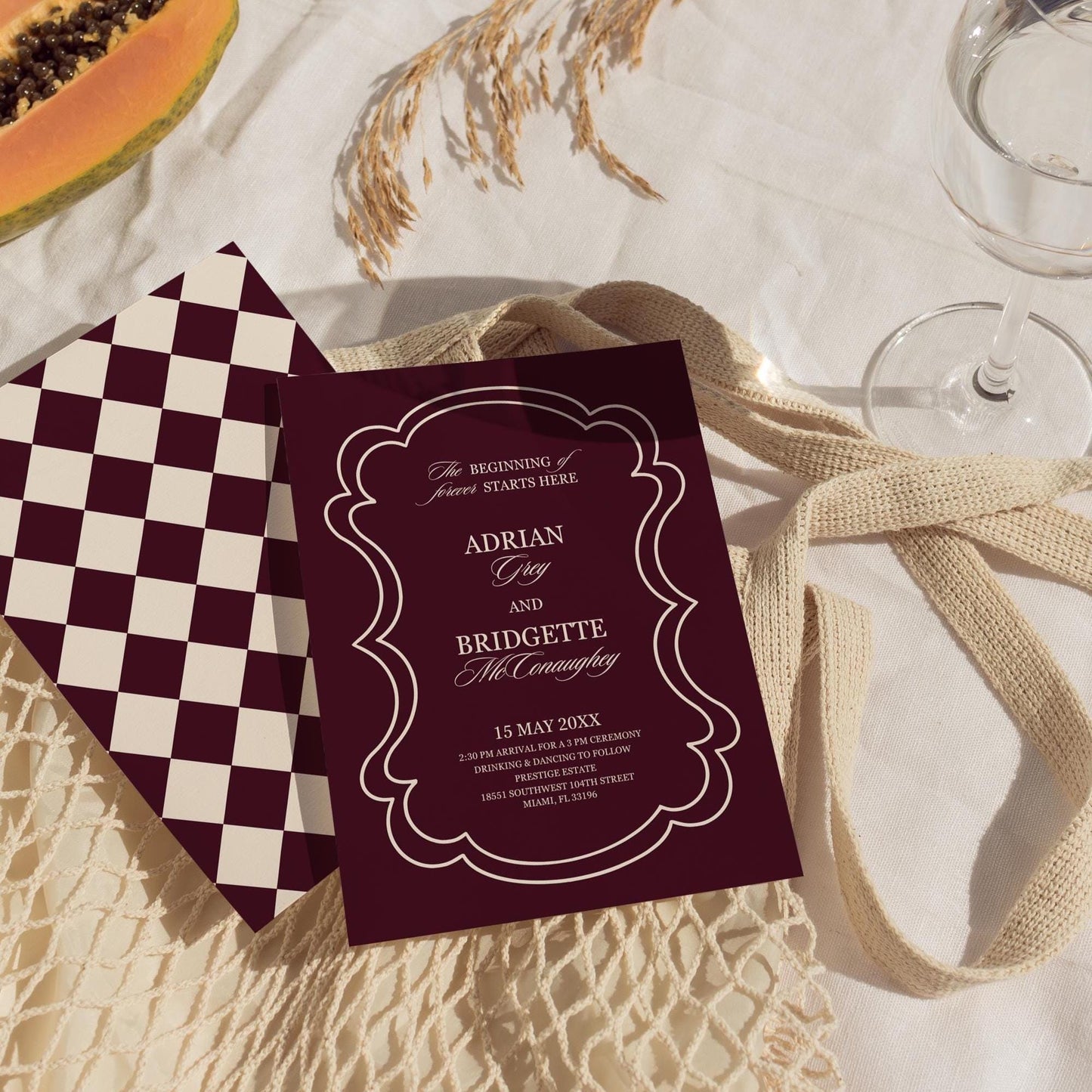Modern Wedding Invitation Digital Template Editable Save the Date Burgundy Mediterranean Design Modern Couples Maroon Vintage Wedding Invite