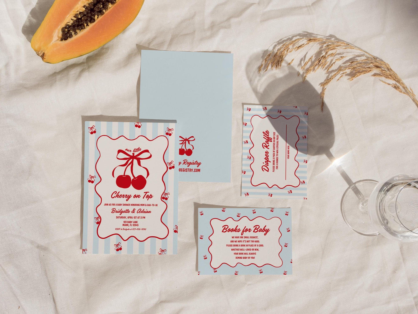 Cherry On Top Baby Shower Invitation Template Baby Sprinkle Blue Cherry On Top Hand Drawn Coquette Ribbon Editable Cherry on Top Theme