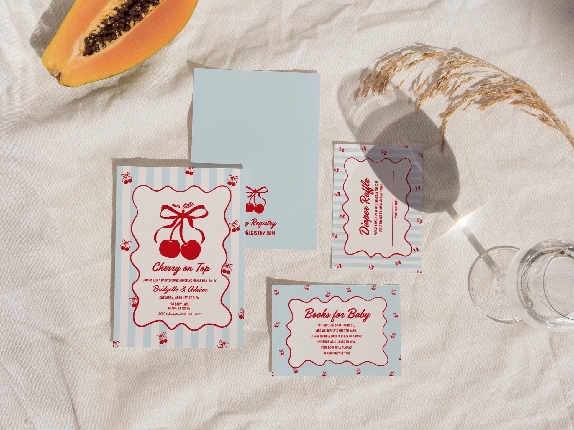 Cherry On Top Baby Shower Invitation Template Baby Sprinkle Blue Cherry On Top Hand Drawn Coquette Ribbon Editable Cherry on Top Theme