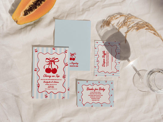Cherry On Top Baby Shower Invitation Template Baby Sprinkle Blue Cherry On Top Hand Drawn Coquette Ribbon Editable Cherry on Top Theme