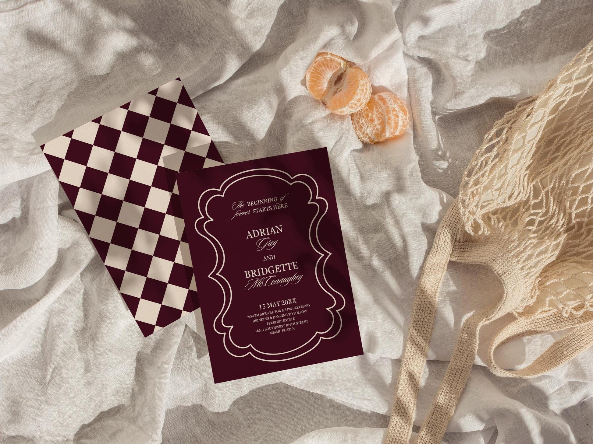 Modern Wedding Invitation Digital Template Editable Save the Date Burgundy Mediterranean Design Modern Couples Maroon Vintage Wedding Invite