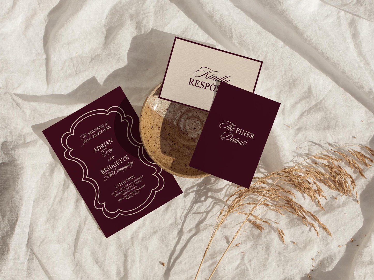 Modern Wedding Invitation Digital Template Editable Save the Date Burgundy Mediterranean Design Modern Couples Maroon Vintage Wedding Invite
