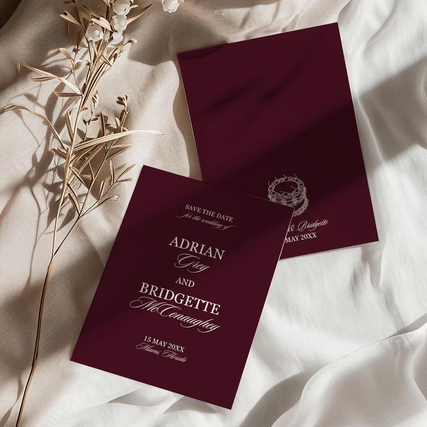 Modern Wedding Stationery Digital Templates Editable Save the Date Burgundy Mediterranean Design Modern Couples Maroon Vintage Wedding Sign