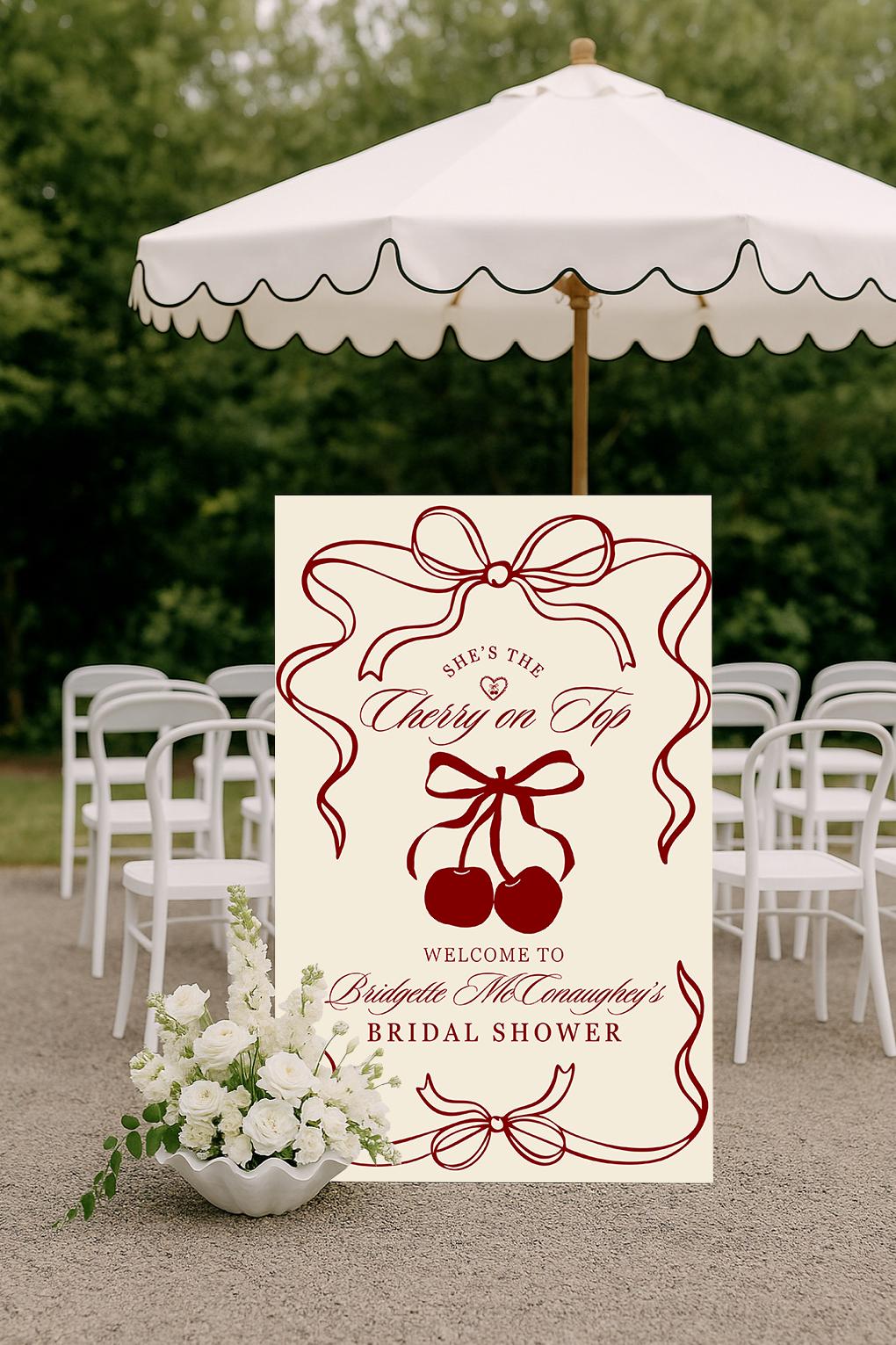 Cherry On Top Bridal Shower Welcome Sign Template Cherry Themed Bridal Shower She's Tying the Knot Coquette Cherry Sweet Theme Editable Sign