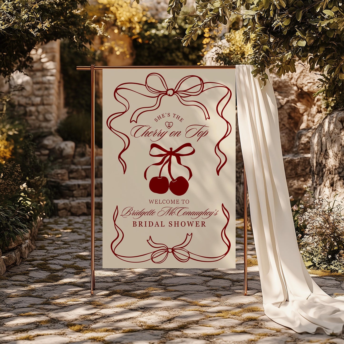 Cherry On Top Bridal Shower Welcome Sign Template Cherry Themed Bridal Shower She's Tying the Knot Coquette Cherry Sweet Theme Editable Sign