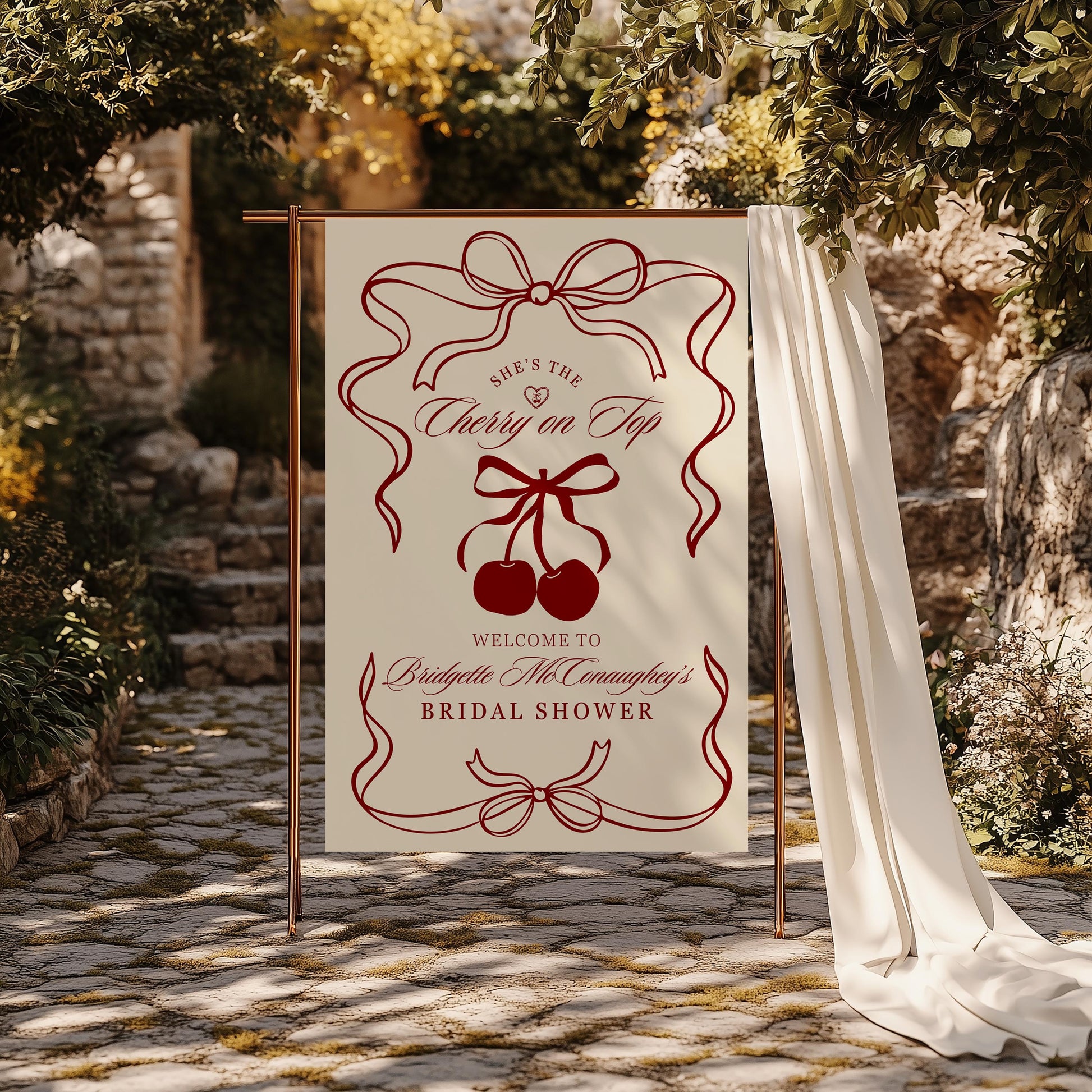 Cherry On Top Bridal Shower Welcome Sign Template Cherry Themed Bridal Shower She's Tying the Knot Coquette Cherry Sweet Theme Editable Sign