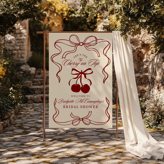 Cherry On Top Bridal Shower Welcome Sign Template Cherry Themed Bridal Shower She's Tying the Knot Coquette Cherry Sweet Theme Editable Sign