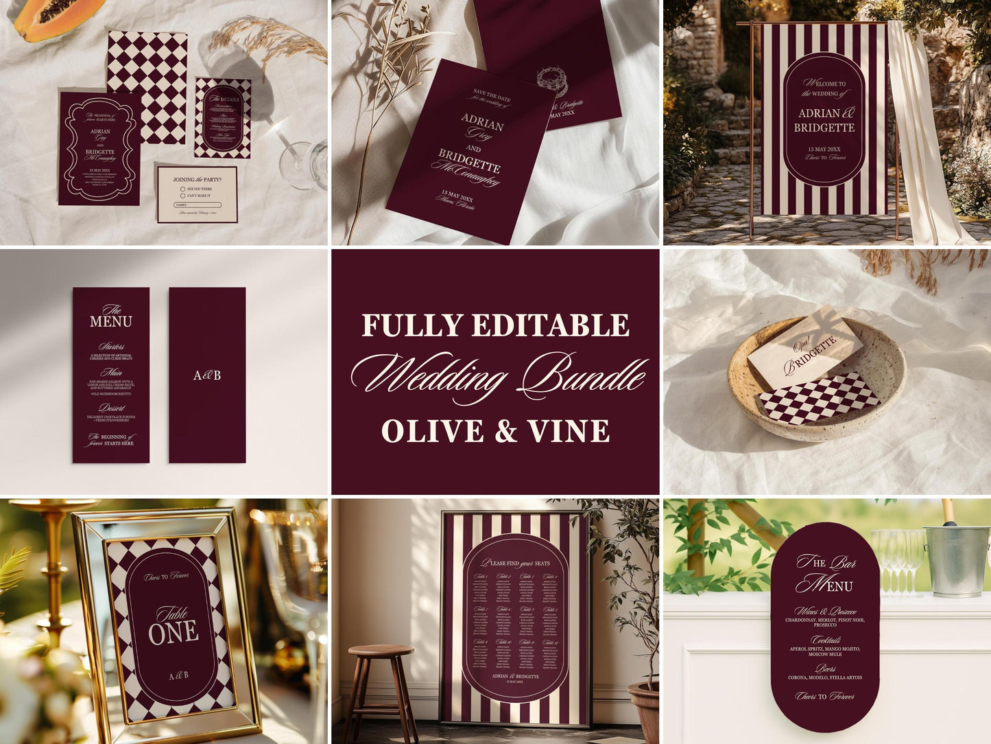 Modern Wedding Stationery Digital Templates Editable Save the Date Burgundy Mediterranean Design Modern Couples Maroon Vintage Wedding Sign