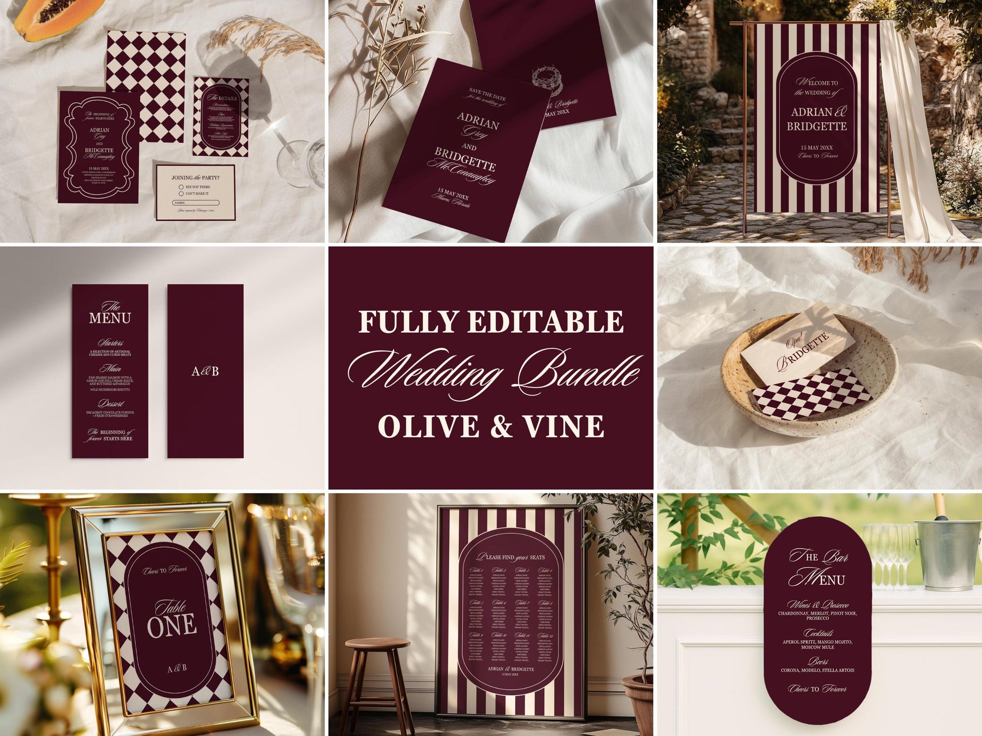 Modern Wedding Stationery Digital Templates Editable Save the Date Burgundy Mediterranean Design Modern Couples Maroon Vintage Wedding Sign
