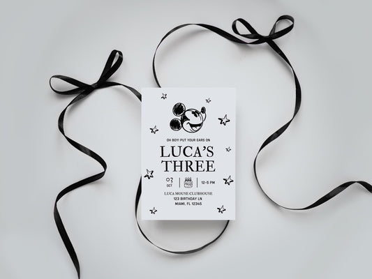 Vintage Mickey Mouse Birthday Invite Oh Boy! Retro Birthday Party invitation Kids Birthday Steamboat Willie Black and White Birthday Party