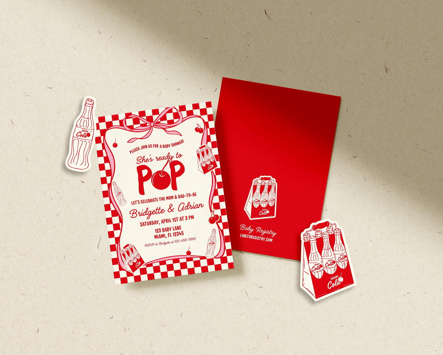 Ready to Pop Baby Shower Invitation Suite: Vintage Soda Pop Invite, Diaper Raffle and Books for Baby Templates (Canva Templates)