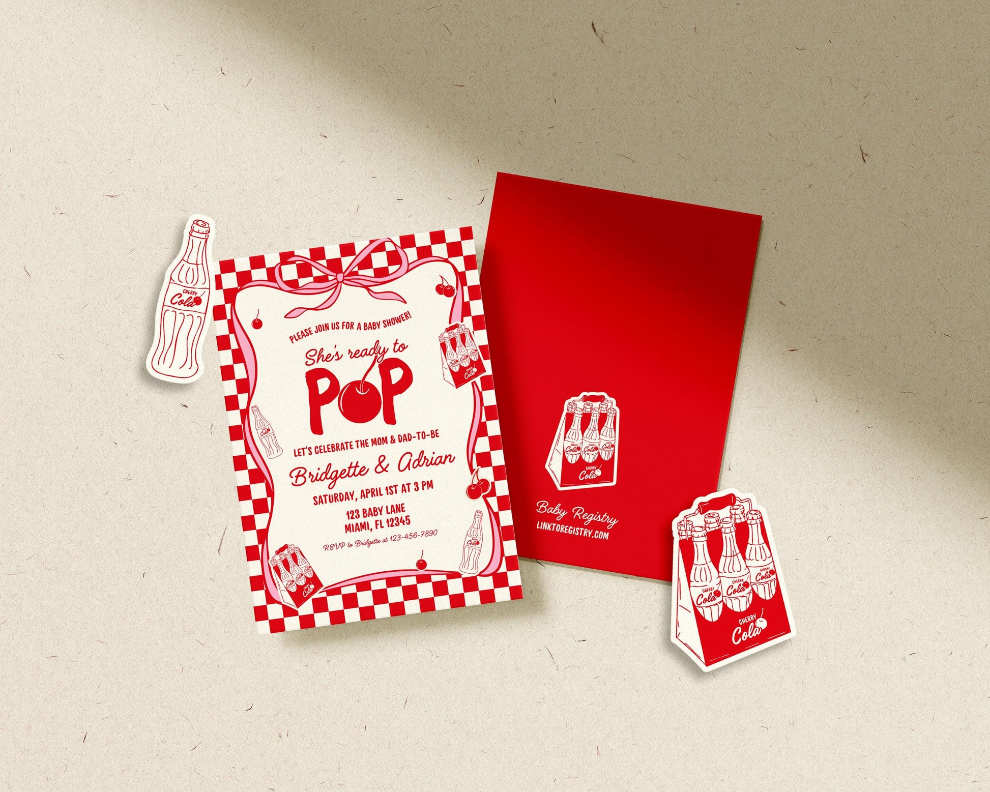 Ready to Pop Baby Shower Invitation Suite: Vintage Soda Pop Invite, Diaper Raffle and Books for Baby Templates (Canva Templates)