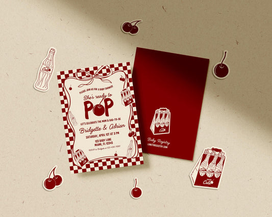 She's Ready to Pop Baby Shower Invitation Template Whimsical Hand-Drawn 50s Style Soda Pop Invite Gender Neutral Cola Baby Shower Invite