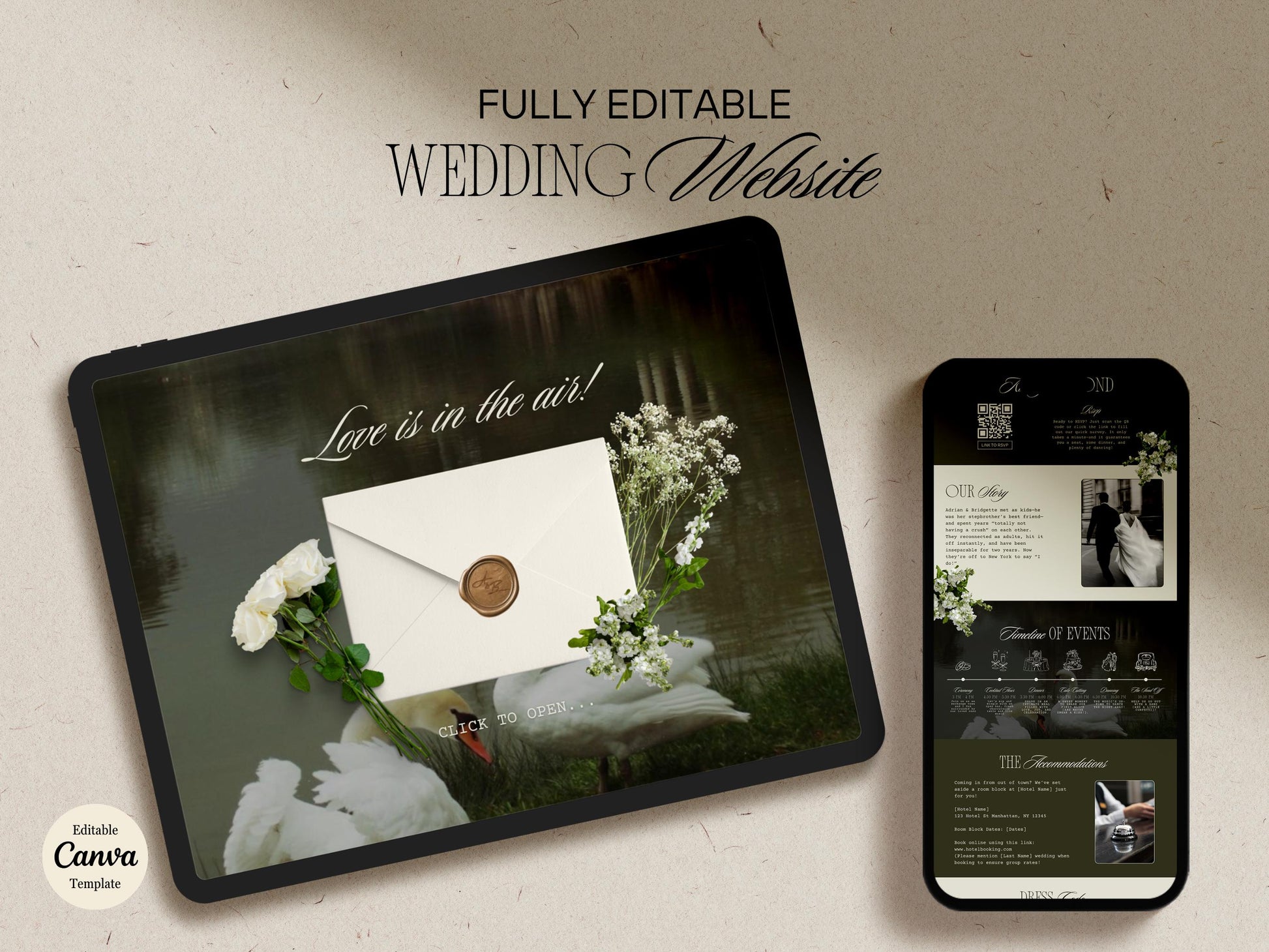 Moody Wedding Website Template: Elegant Floral Design Digital Wedding Invitation and Website (Canva Template)