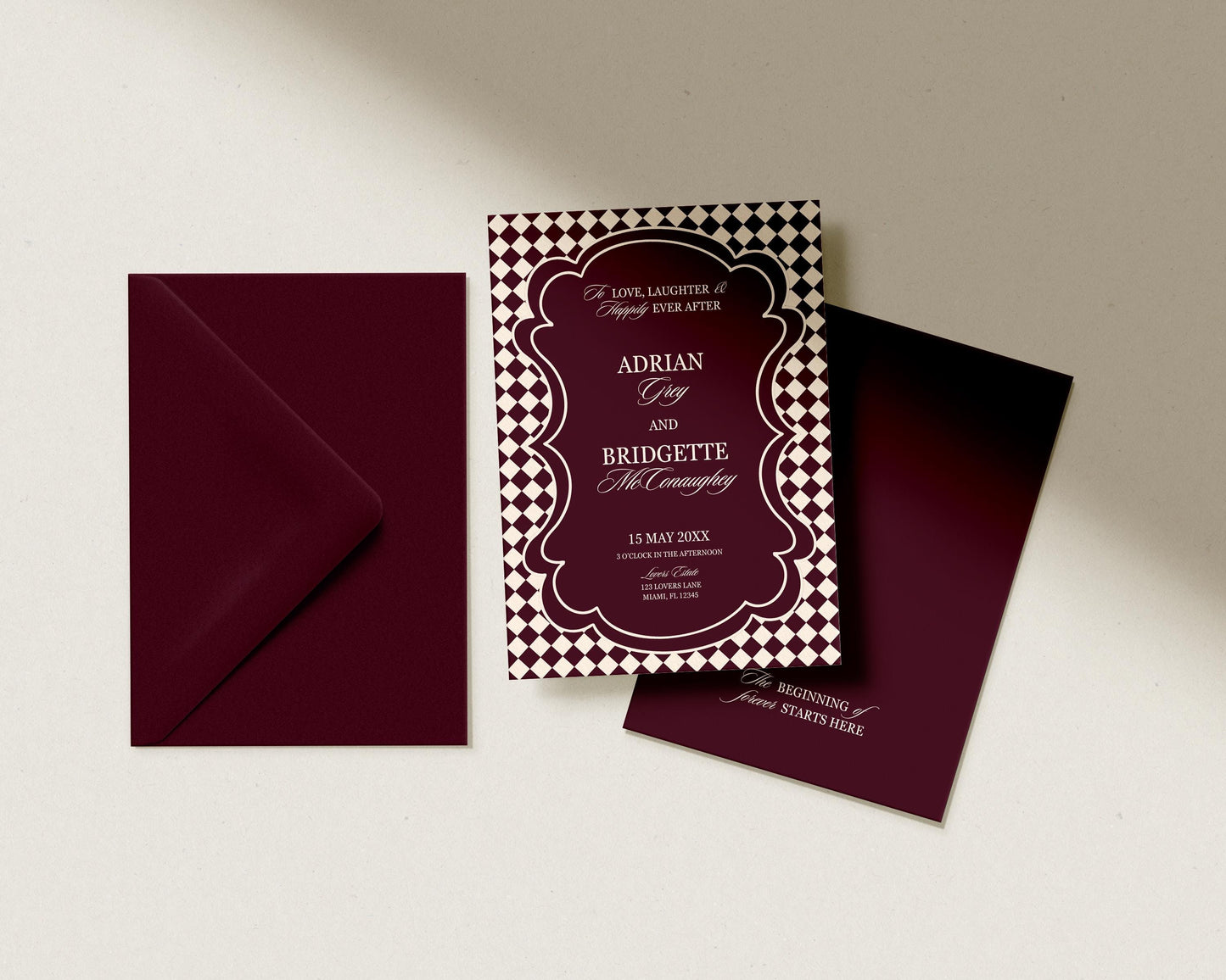 Modern Wedding Invitation Digital Template Editable Save the Date Burgundy Mediterranean Design Modern Couples Maroon Vintage Wedding Invite