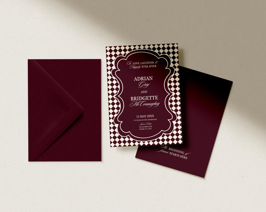 Modern Wedding Invitation Digital Template Editable Save the Date Burgundy Mediterranean Design Modern Couples Maroon Vintage Wedding Invite