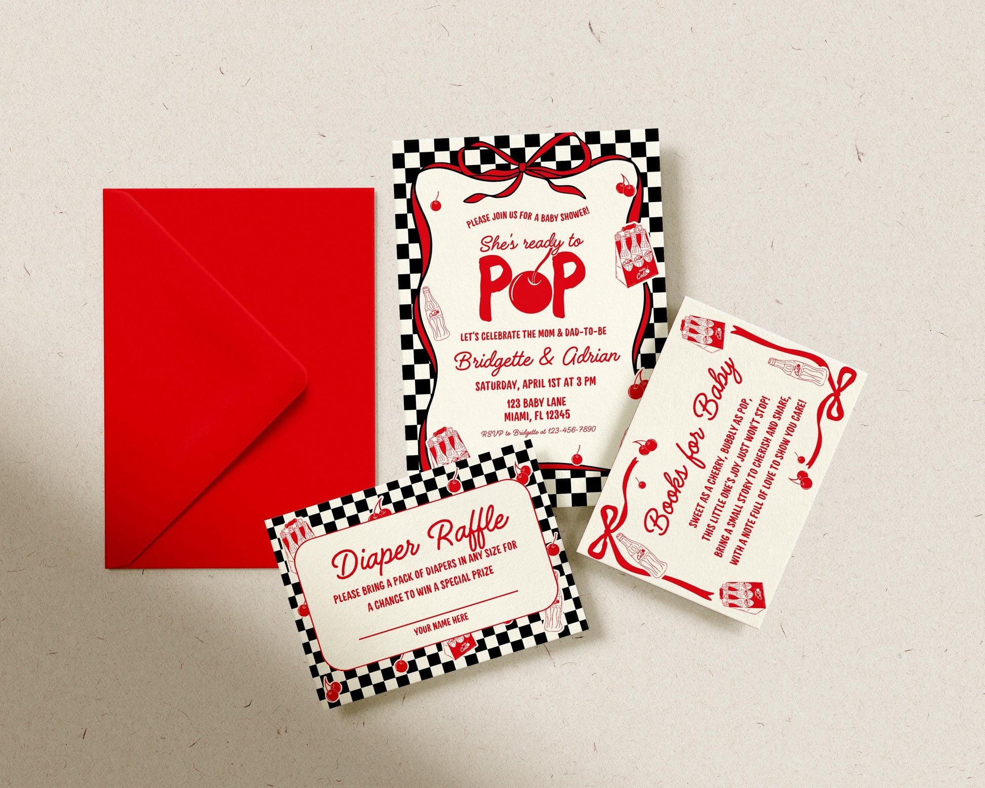 Ready to Pop Baby Shower Invitation Suite: Vintage Soda Pop Invite, Diaper Raffle and Books for Baby Templates (Canva Templates)