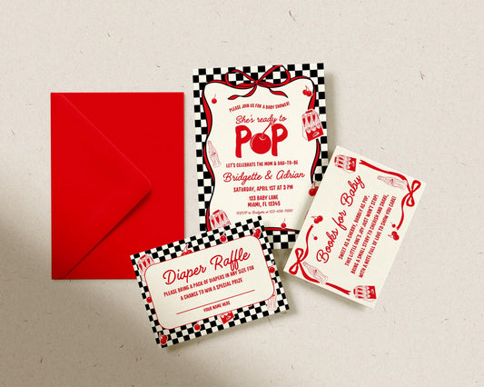 Ready to Pop Baby Shower Invitation Suite: Vintage Soda Pop Invite, Diaper Raffle and Books for Baby Templates (Canva Templates)