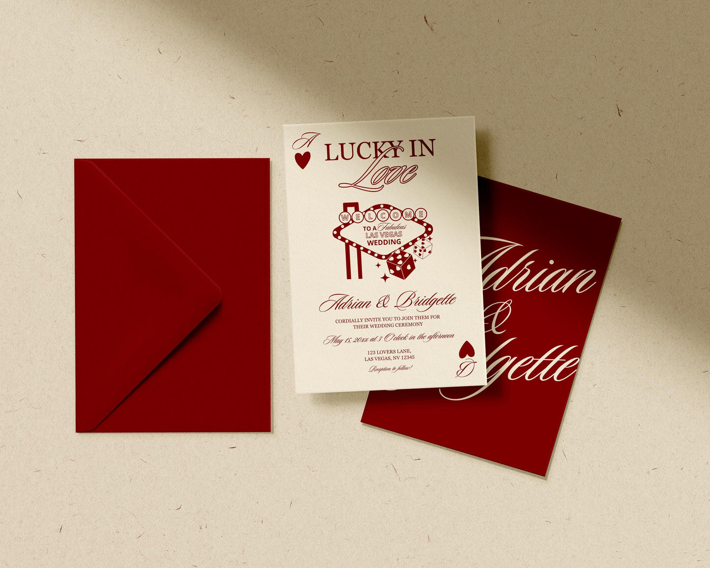 Vegas Wedding Invitation Suite Template: Lucky in Love Playing Cards Theme (Digital Download, Canva Templates)