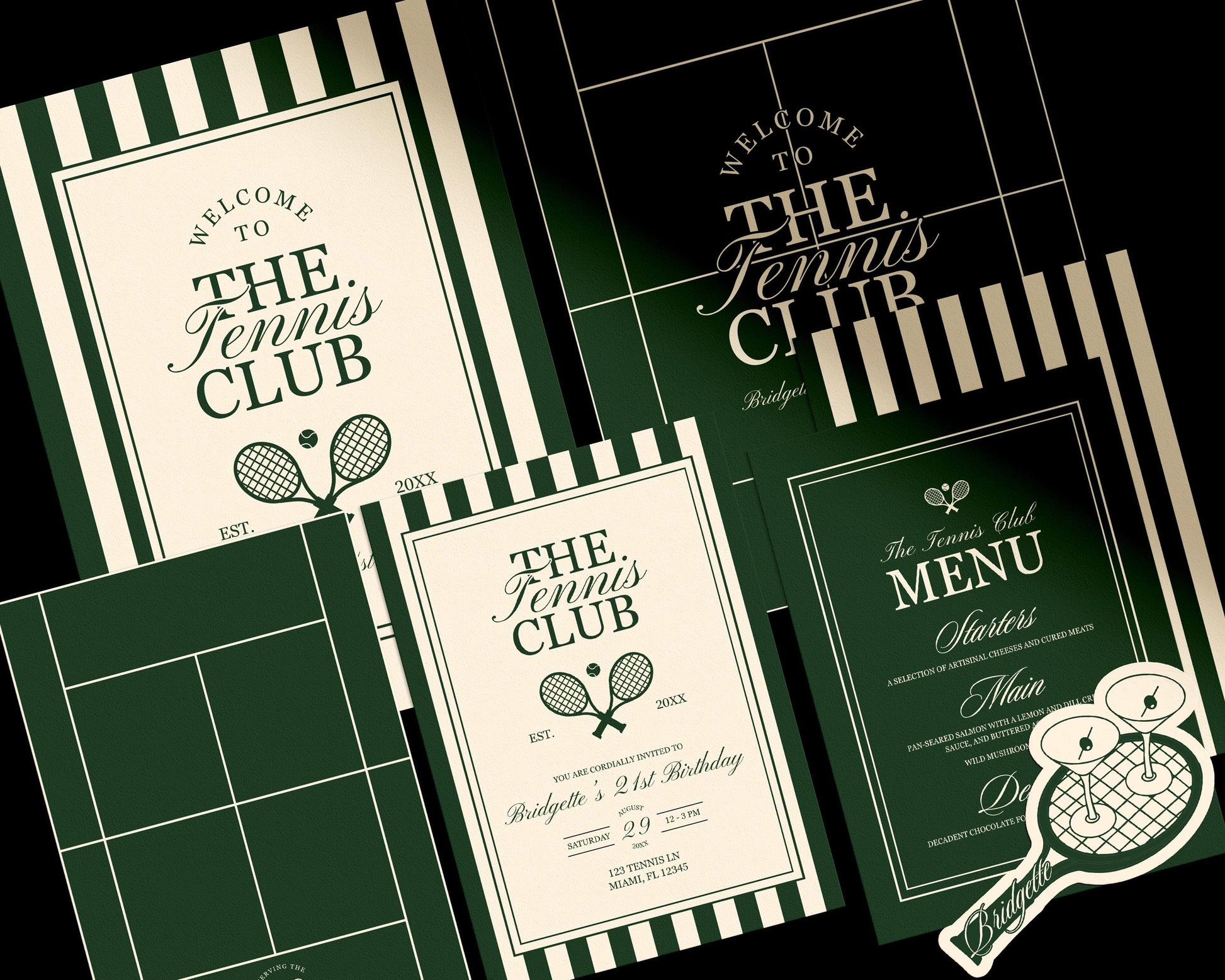Country Club Tennis Party Template Bundle Editable Old Money Tennis Bridal Shower Invitation Country Club Welcome Sign Tennis Menu Design