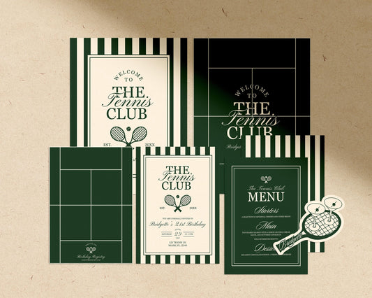 Tennis Country Club Party Template Bundle Editable Old Money Tennis Bridal Shower Invitation Country Club Welcome Sign Tennis Menu Design