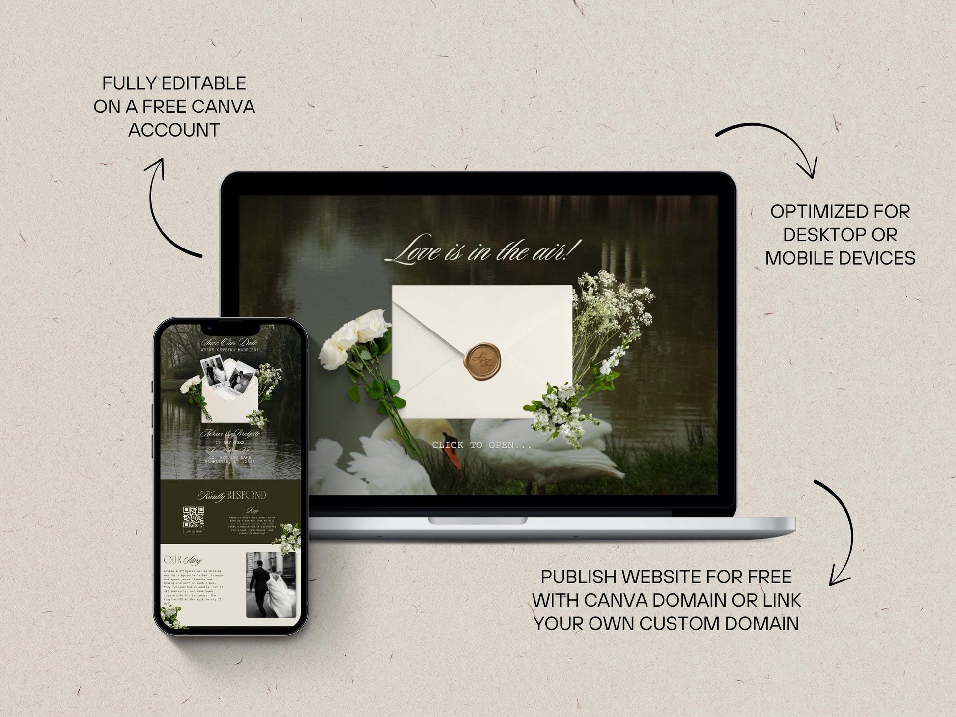 Moody Wedding Website Template: Elegant Floral Design Digital Wedding Invitation and Website (Canva Template)