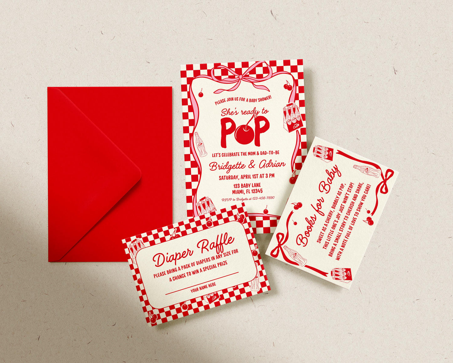 Ready to Pop Baby Shower Invitation Suite: Vintage Soda Pop Invite, Diaper Raffle and Books for Baby Templates (Canva Templates)