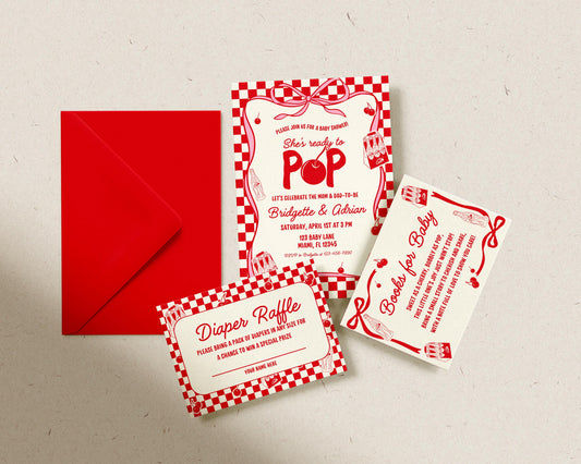 Ready to Pop Baby Shower Invitation Suite: Vintage Soda Pop Invite, Diaper Raffle and Books for Baby Templates (Canva Templates)