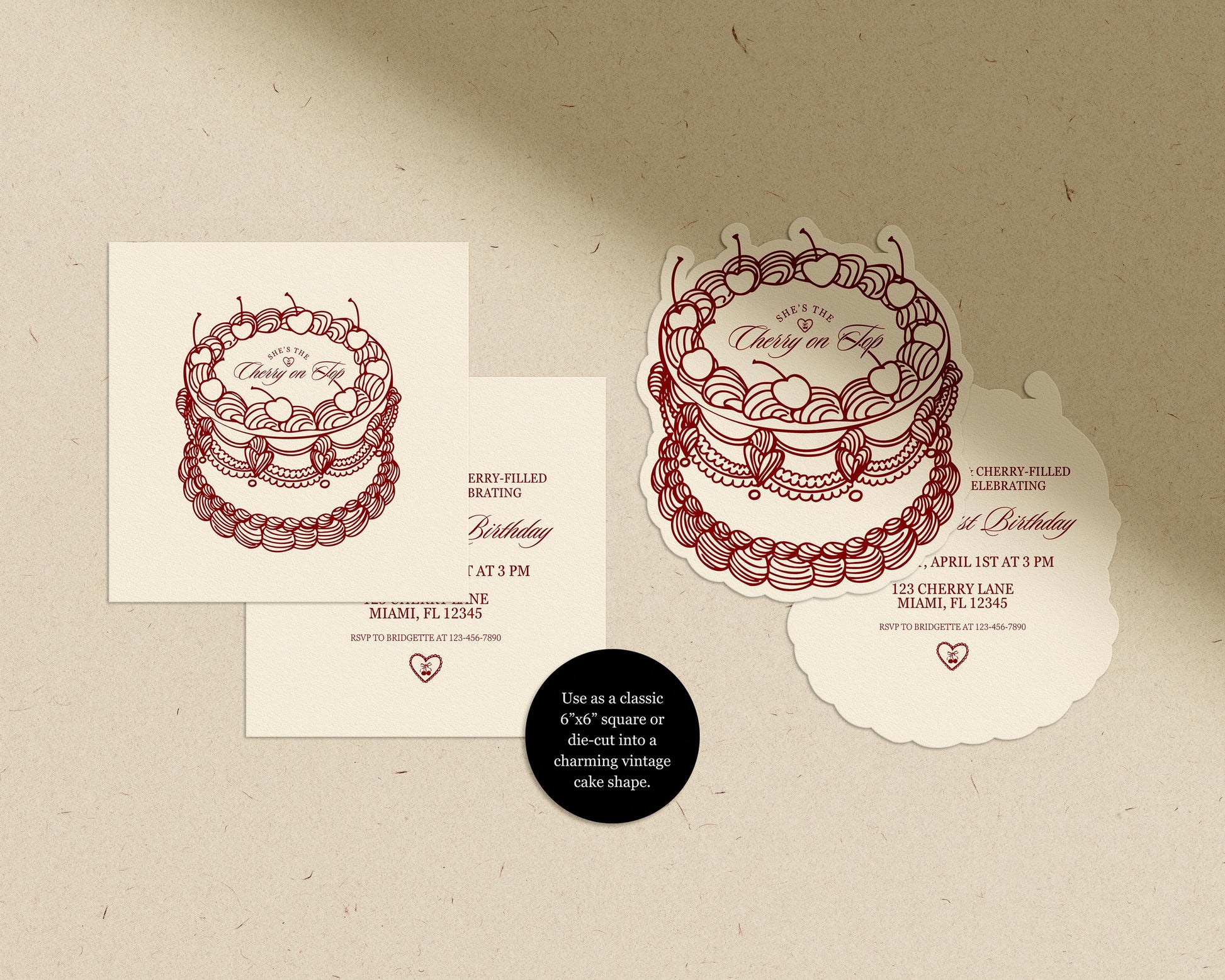Cherry On Top Birthday Invitation: Romantic Coquette Theme Vintage Cake Cut-Out (Digital Template)