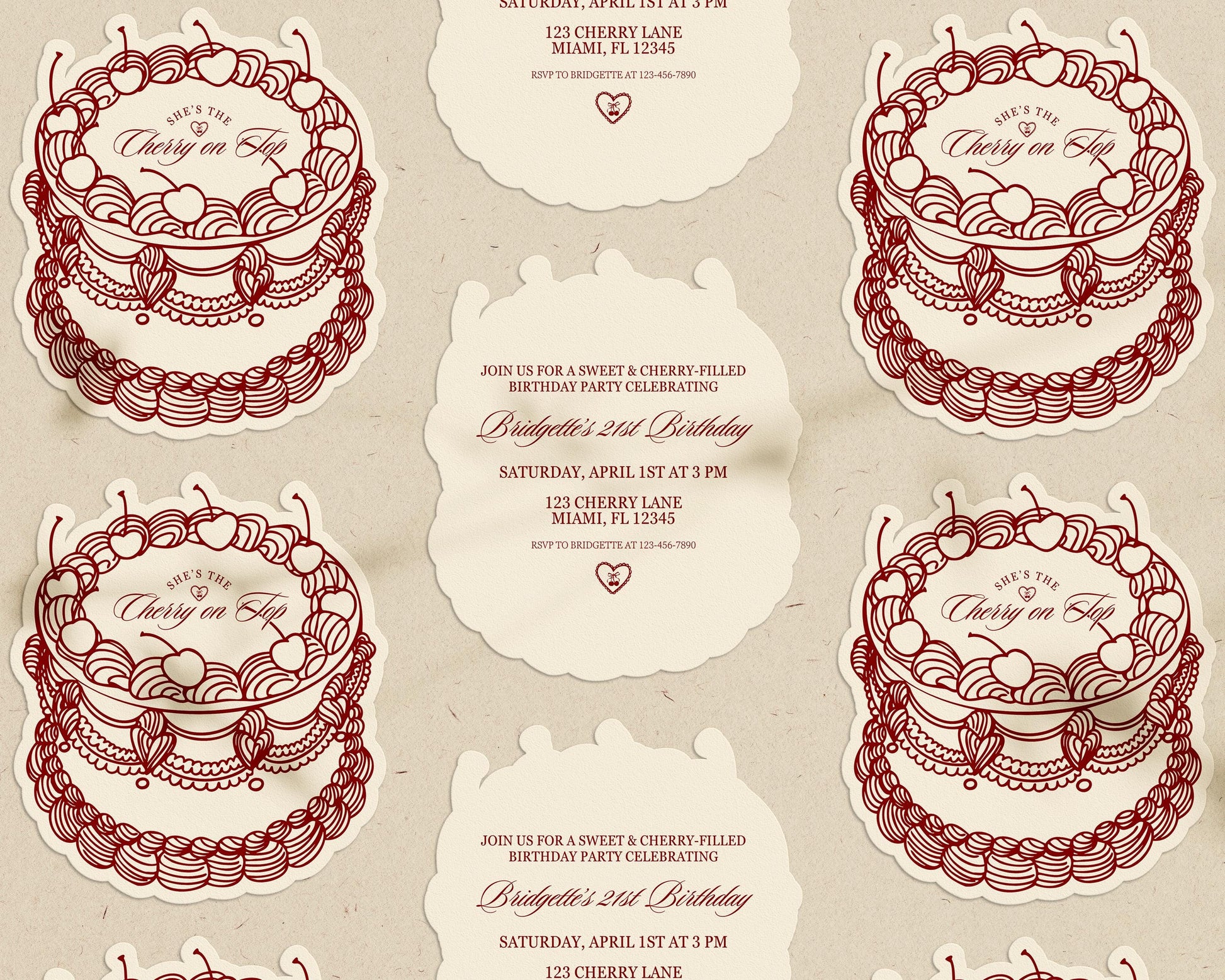 Cherry On Top Birthday Invitation: Romantic Coquette Theme Vintage Cake Cut-Out (Digital Template)