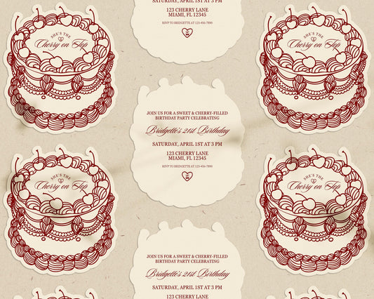 Cherry On Top Birthday Invitation: Romantic Coquette Theme Vintage Cake Cut-Out (Digital Template)