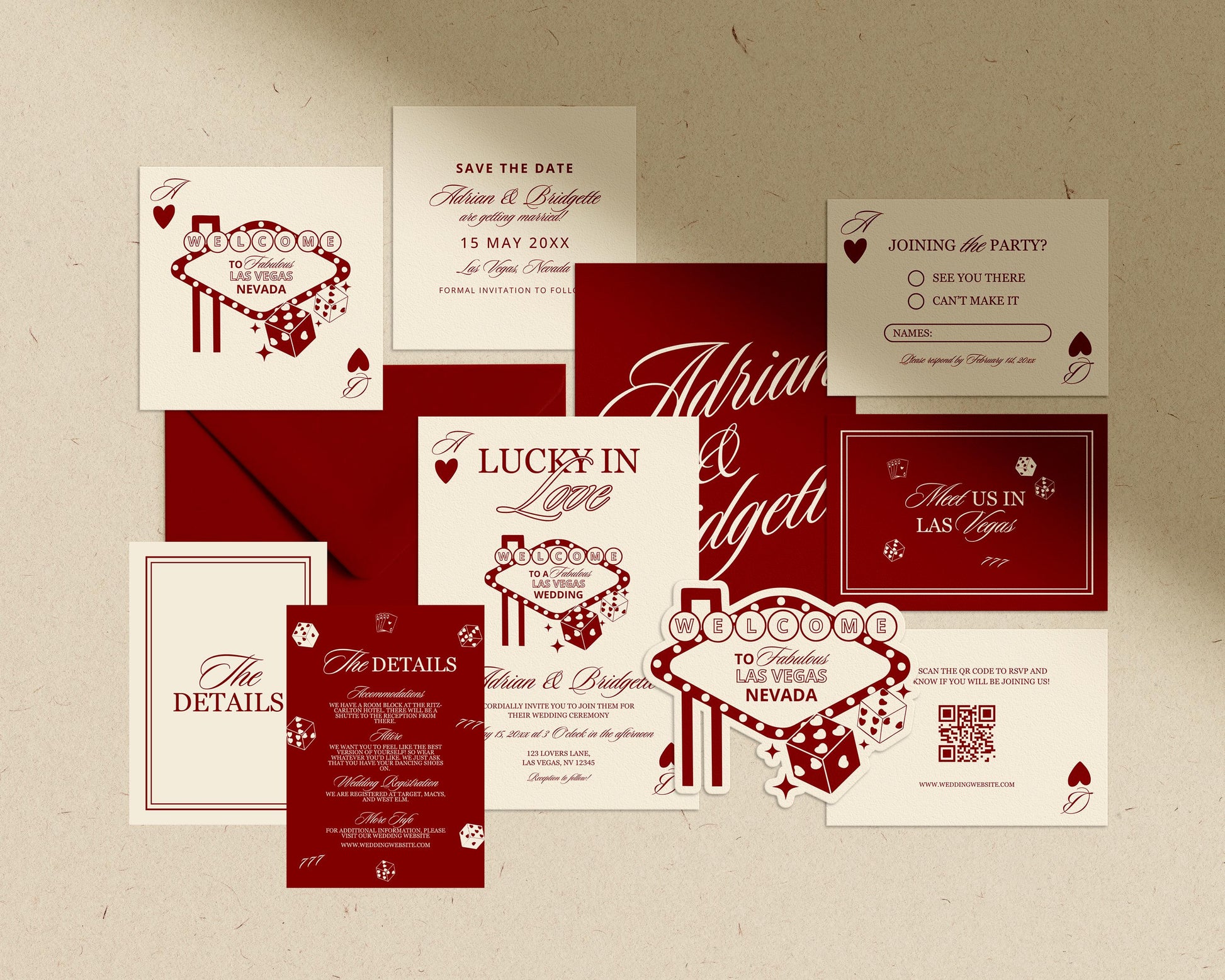 Vegas Wedding Invitation Suite Template: Lucky in Love Playing Cards Theme (Digital Download, Canva Templates)