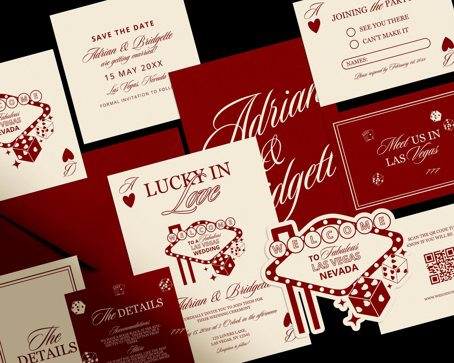 Vegas Wedding Bundle Templates: Lucky in Love Playing Cards Theme Invite, Save the Date, Details, and RSVP (Canva Templates)