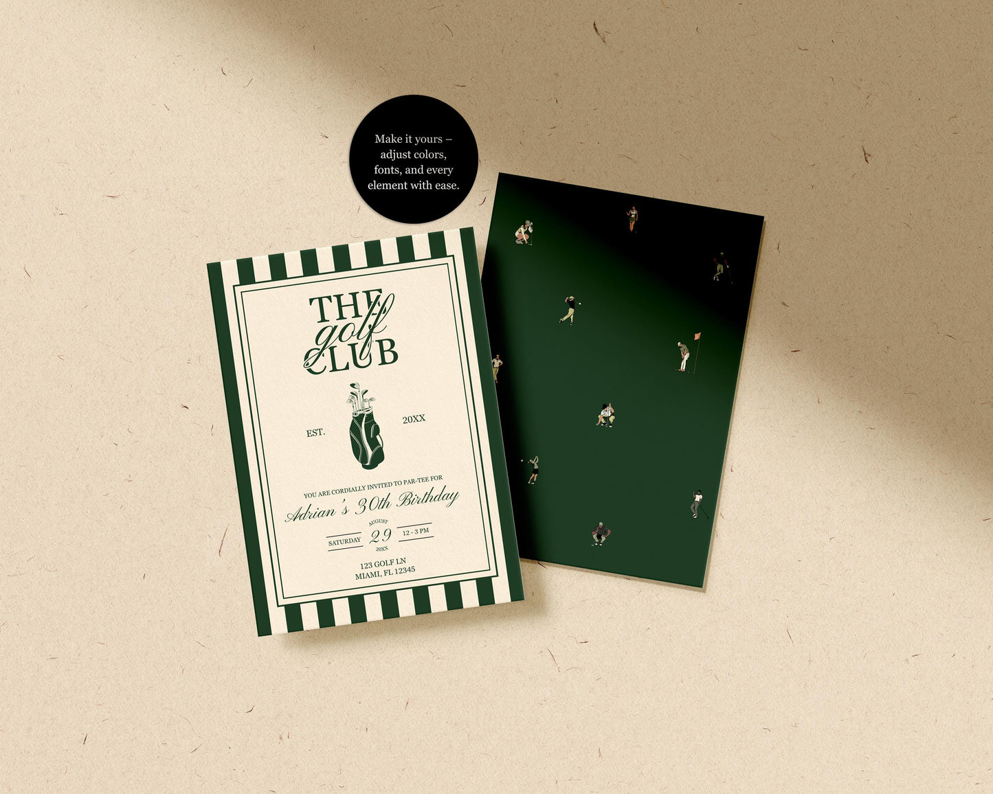 Vintage Golf Birthday Bundle Template Old Money Country Club Invitation Editable Golf Welcome Sign Let's Par-Tee Country Club Menu Elegant