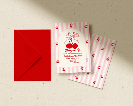 Cherry On Top Birthday Invitation Template Editable Cherry Sweet Romantic Coquette Birthday Cherry First Birthday Hand Drawn Cherry Invite