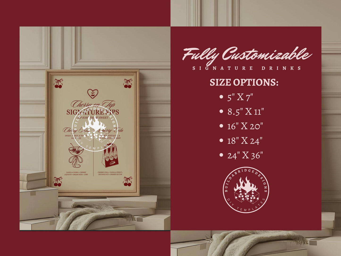 Cherry On Top Signature Drinks Menu Template Editable Romantic Cherry Drinks Menu She's the Cherry On Top Birthday Sign Template Cherry