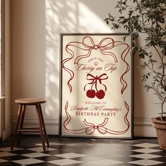 Cherry On Top Birthday Welcome Sign Template Editable Romantic Coquette Cherry Birthday Sign Whimsical Hand Drawn Cherry Birthday Sign