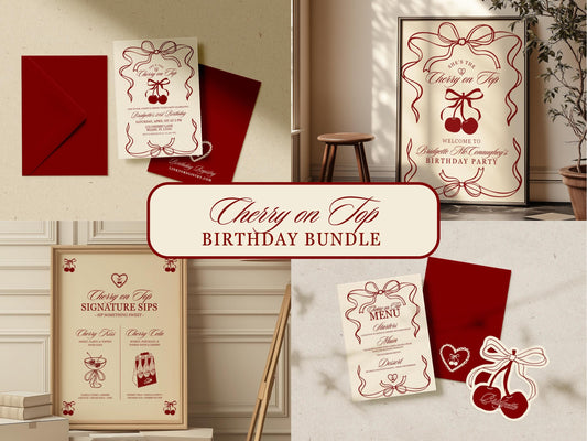 Cherry On Top Birthday Invitation Template Editable Romantic Coquette Cherry Birthday Invite Whimsical Hand Drawn Cherry Birthday Invitation