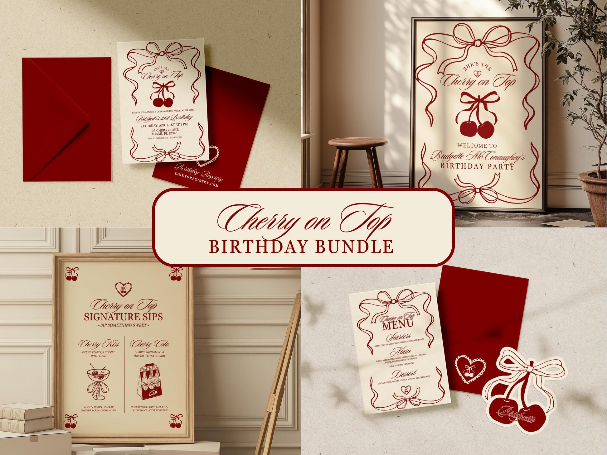 Cherry On Top Birthday Bundle Templates Editable Coquette Cherry on Top Birthday Invite Whimsical Hand Drawn Cherry Birthday Invitation