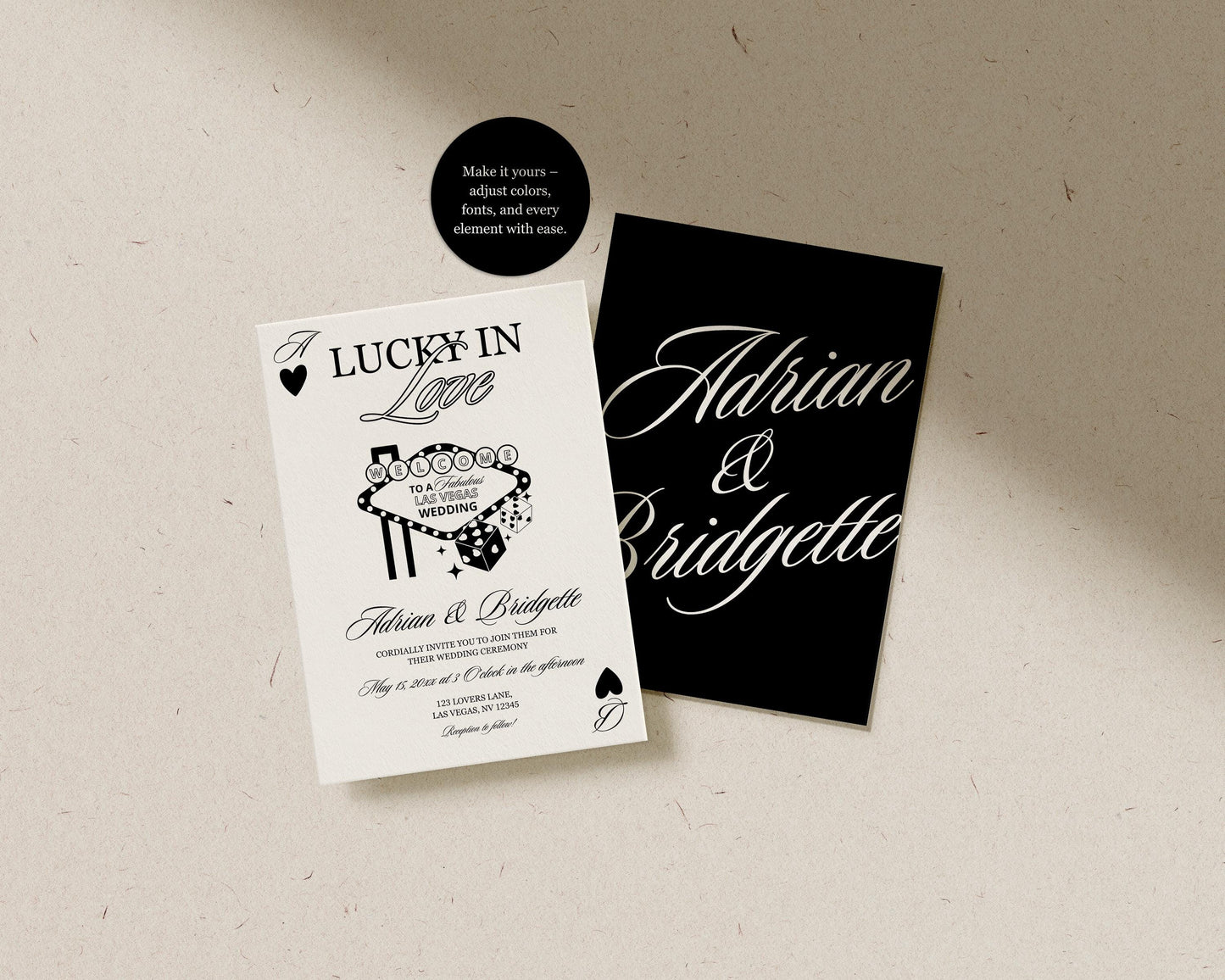 Vegas Wedding Bundle Templates: Lucky in Love Playing Cards Theme Invite, Save the Date, Details, and RSVP (Canva Templates)