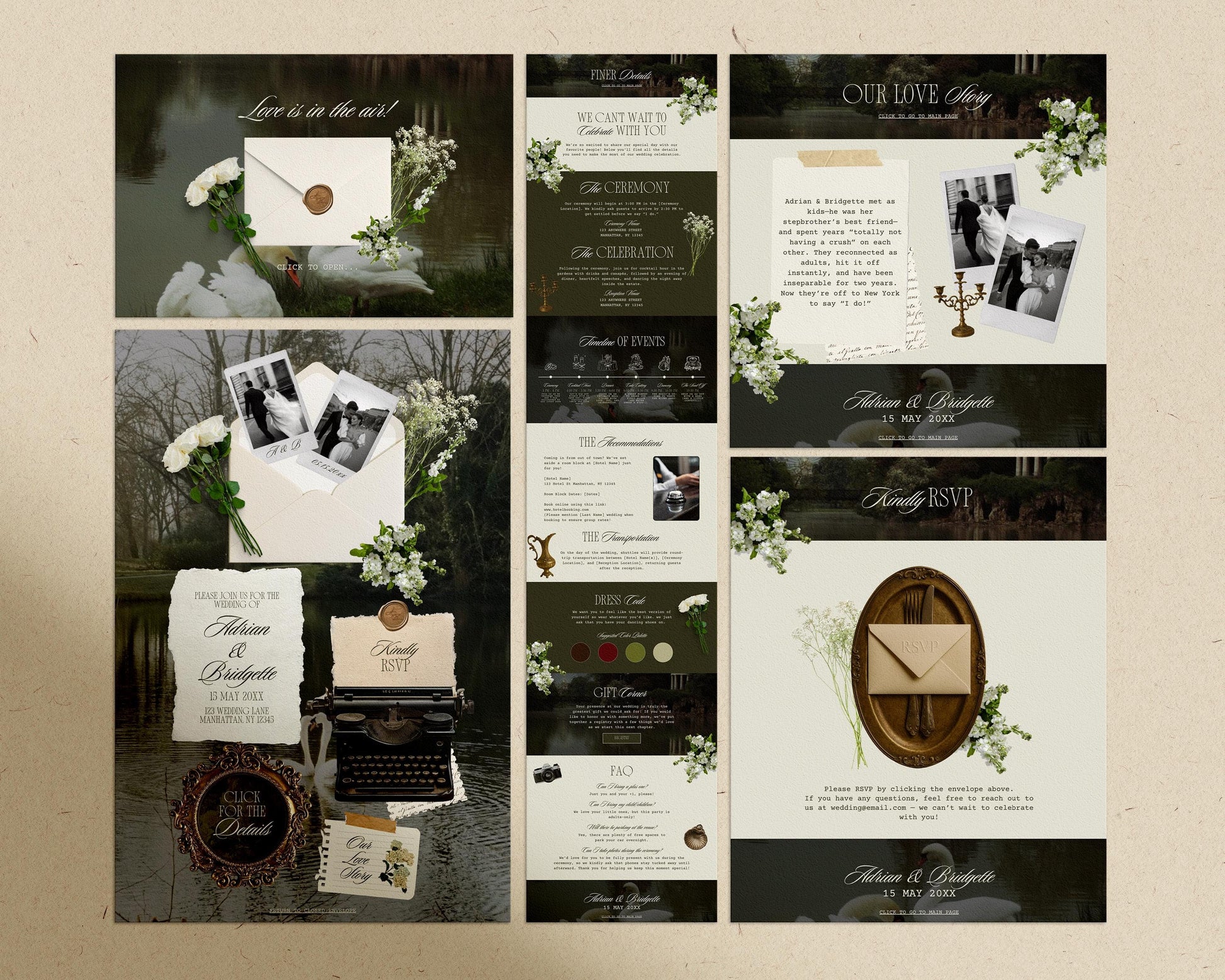 Editable Swan Green Wedding Website Template Digital Wedding Invitation RSVP Google Form Moody Green Floral Canva Website Vintage Wedding