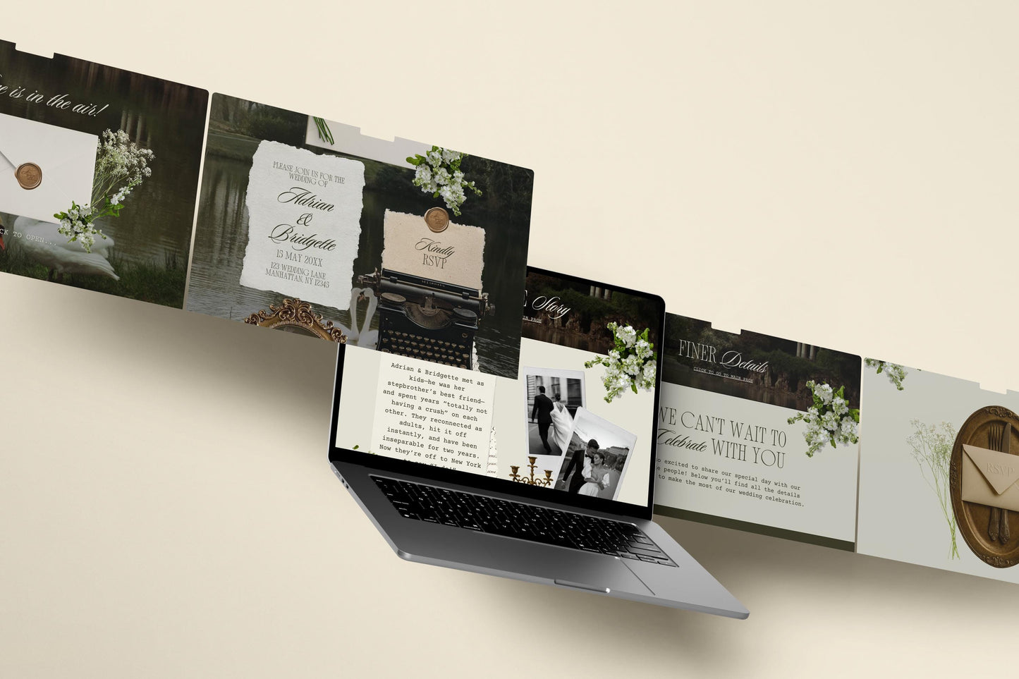 Editable Swan Green Wedding Website Template Digital Wedding Invitation RSVP Google Form Moody Green Floral Canva Website Vintage Wedding