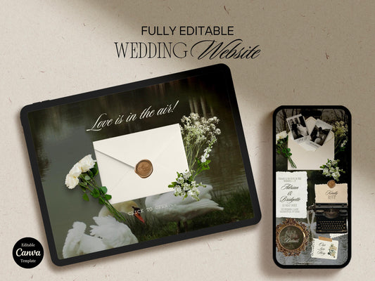 Editable Swan Green Wedding Website Template Digital Wedding Invitation RSVP Google Form Moody Green Floral Canva Website Vintage Wedding
