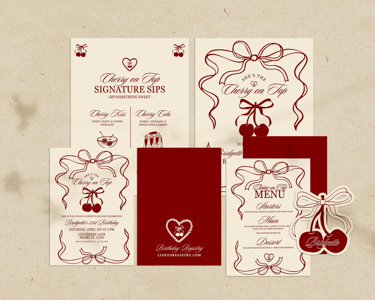 Cherry On Top Birthday Bundle Templates Editable Coquette Cherry on Top Birthday Invite Whimsical Hand Drawn Cherry Birthday Invitation