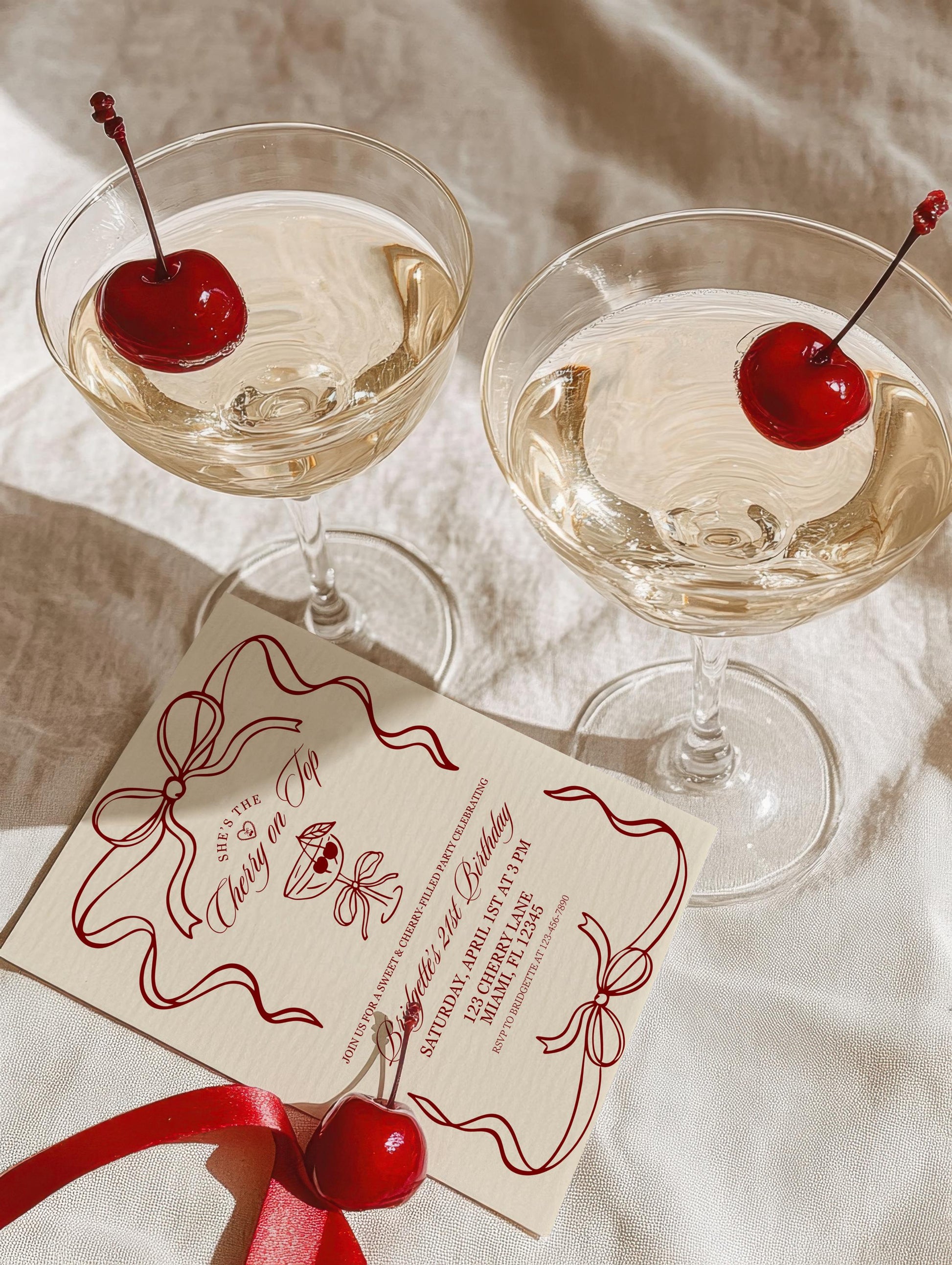 Cherry On Top Birthday Invitation Template Editable Romantic Coquette Cherry Birthday Invite Whimsical Hand Drawn Cherry Birthday Invitation