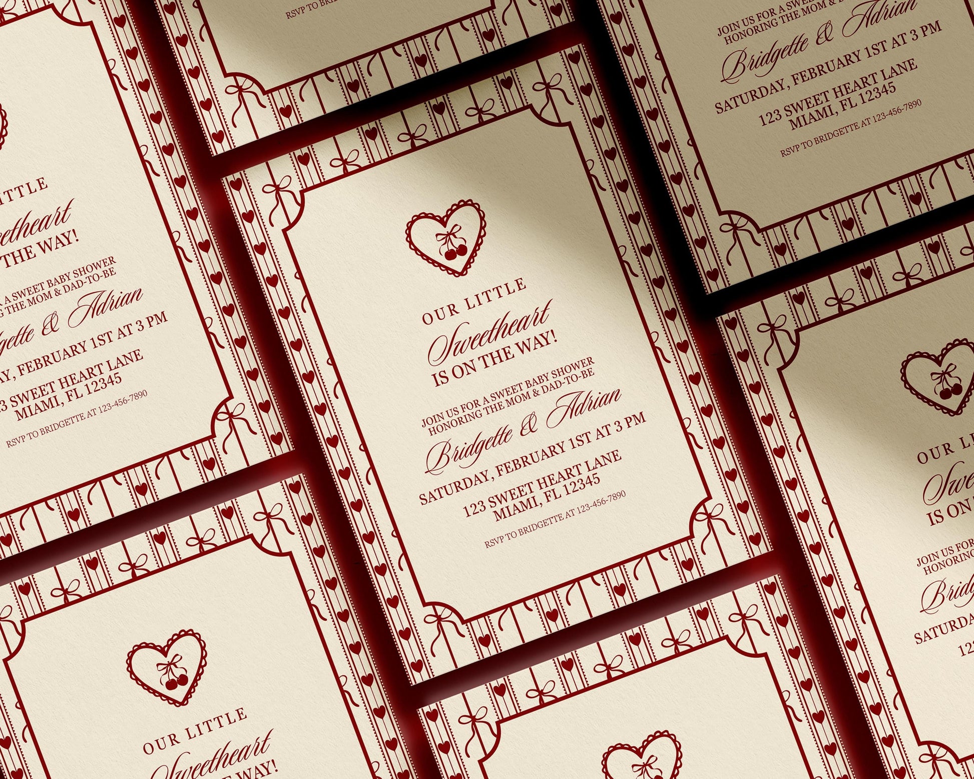 Sweetheart Baby Shower Invitation Template Editable Valentine Baby Shower Invite Sweetheart Baby Sprinkle Coquette Bows Cherry Baby Shower