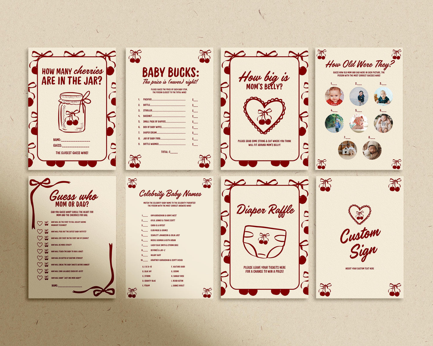 Cherry On Top Baby Shower Bundle Templates Hand Drawn Cherry Baby Shower Invitation Template Editable Welcome Sign Cherry Baby Shower Games